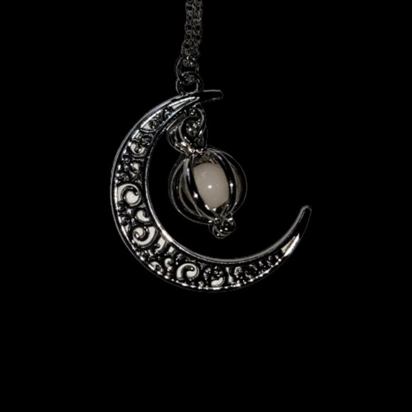 Crescent Moon with Luminous Caged Light Green Glowing Orb Pendant Silver Chain - Picture 7 of 12